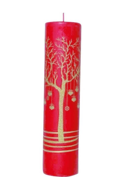Advent Pillar Candle, Winter Tree with Heart Decorations